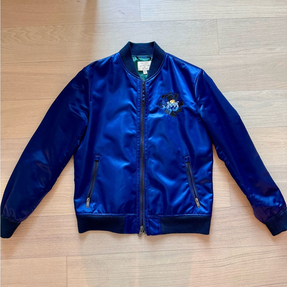 Club Monaco Satin Embroidered Souvenir Bomber Jacket
